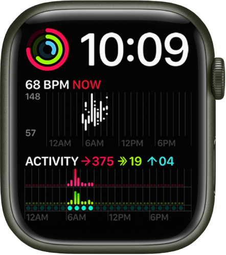 Kellakuva Modular Duo, mille paremas ülaosas kuvatakse digikella, üleval vasakul komplikatsiooni Activity, keskel vasakul komplikatsiooni Heart Rate ning all komplikatsiooni Activity.