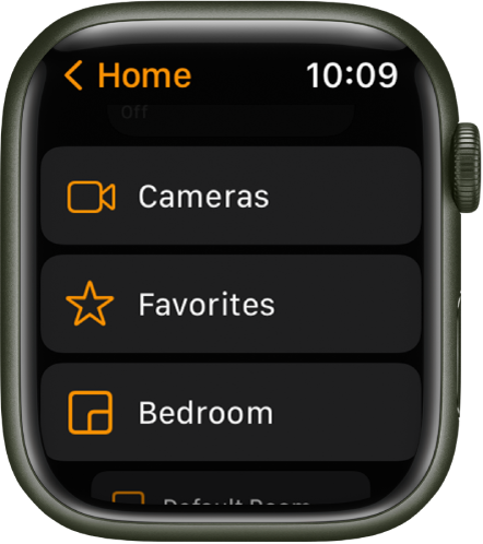 Rakendus Home kuvab loendit, milles on nupud funktsioonide Cameras ja Favorites ning ruumide jaoks.