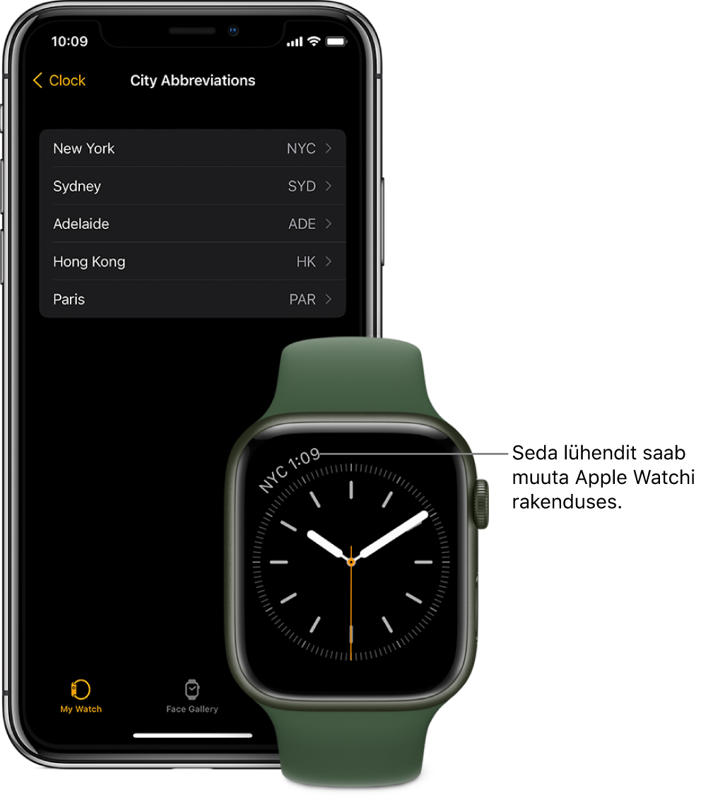 iPhone ja Apple Watch, üksteise kõrval. Apple Watchi ekraanil kuvatakse New York City kellaaega, kasutades lühendit NYC. iPhone'i ekraanil on rakendusest Apple Watch valitud Clock-seadete alt menüü City Abbreviations koos linnade loendiga.