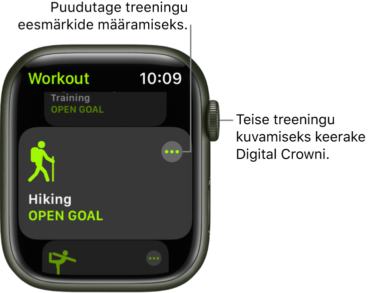 Kuva Workout koos esiletõstetud treeninguga Hiking. Paremal üleval kuvatakse nuppu More. Osa treeningust Outdoor Walk kuvatakse all.