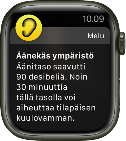 Apple Watch, jossa näkyy Melu-ilmoitus. Ilmoitukseen liittyvän apin kuvake näkyy ylhäällä vasemmalla. Voit avata apin napauttamalla sitä.