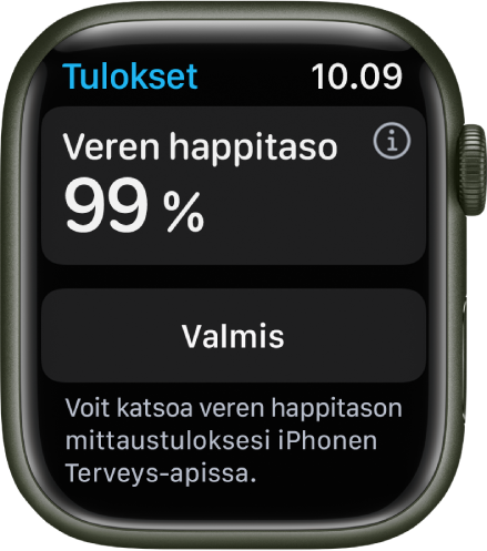 Veren happitason tulosnäyttö, jossa näkyy veren happisaturaatio 99 prosenttia. Valmis-painike on alareunassa.