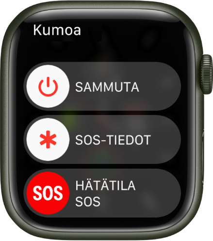 Apple Watchin näyttö, jossa on kolme liukusäädintä: Virta pois päältä, SOS-tiedot ja Hätätilanne SOS. Laita Apple Watch pois päältä vetämällä Virta pois ‑liukusäädintä.