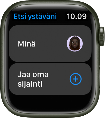 Etsi ihmisiä -appi, jossa näkyy tietueet sinulle ja Jaa oma sijainti -painike.