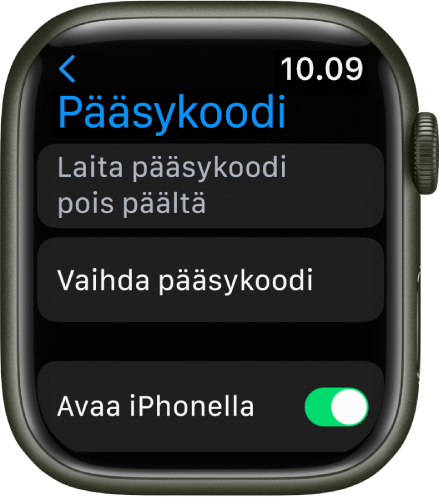 Pääsykoodiasetukset Apple Watchissa: ylhäällä Laita pääsykoodi pois päältä, sen alapuolella Vaihda pääsykoodi ja Avaa iPhonella -painike.
