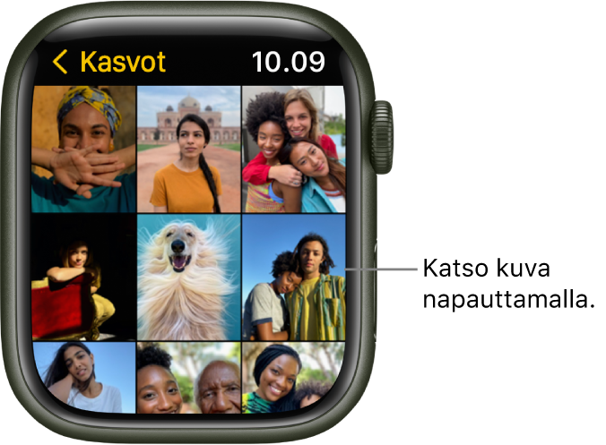 Apple Watchin Kuvat-apin päänäyttö, jossa on useita kuvia, jotka näkyvät ruudukkona.