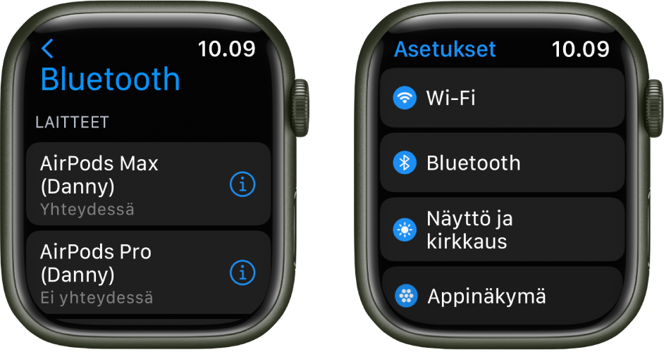 Kaksi näyttöä vierekkäin. Vasemmalla on näyttö, jossa on lueteltu kaksi käytettävissä olevaa Bluetooth-laitetta: AirPods Max -kuulokkeet, jotka on yhdistetty, ja AirPods Pro -kuulokkeet, joita ei ole yhdistetty. Oikealla on Asetukset-näyttö, jossa näkyvät luettelona Wi-Fi-, Bluetooth-, Näyttö ja kirkkaus- sekä Appinäkymä-painikkeet.