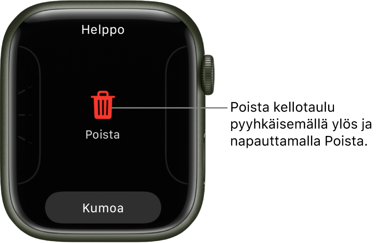Apple Watch -näyttö, jossa näkyvät Poista- ja Kumoa-painikkeet, jotka tulevat näkyviin kun olet pyyhkäissyt kellotauluun ja poistanut sen pyyhkäisemällä sitä ylös.