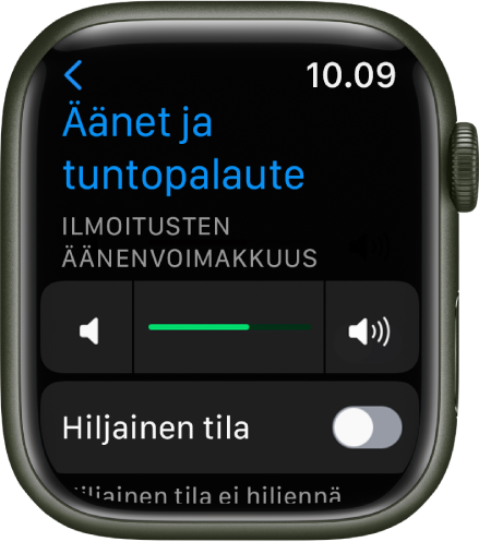Äänet ja tuntopalaute -asetukset Apple Watchissa: Ilmoitusten äänenvoimakkuus -liukusäädin yllä ja Hiljainen tila -kytkin sen alla.