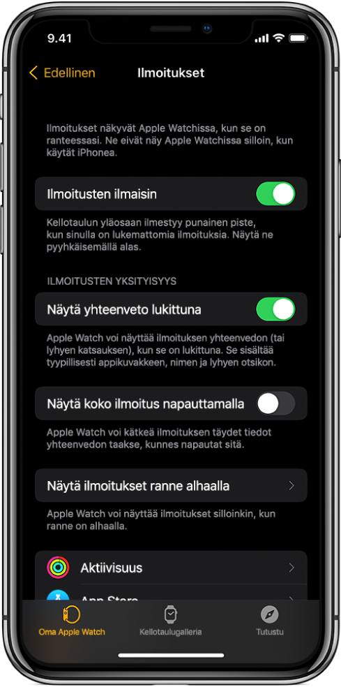 iPhonen Apple Watch -apin Ilmoitukset-näyttö , jossa näkyy ilmoitusten lähteet.