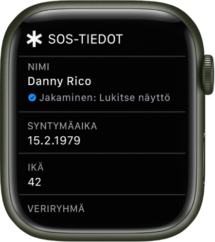 SOS-tietojen näyttö, jossa näkyy käyttäjän nimi, syntymäaika ja ikä.