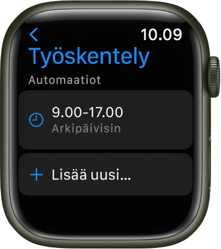 Työskentely-tilan näytöllä näkyy aikataulu kello 9.00–17.00 arkipäivisin. Alla on Lisää uusi -painike.