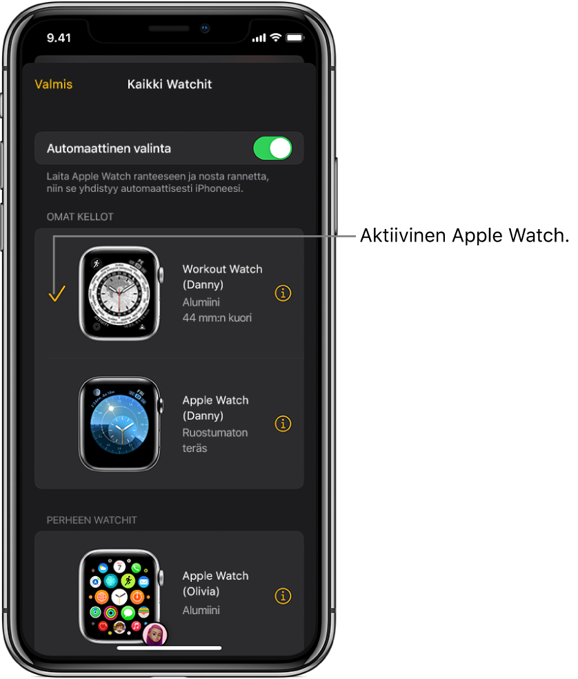 Apple Watch ‑apin Kaikki Watchit -näytössä valintamerkki osoittaa aktiivisen Apple Watchin.