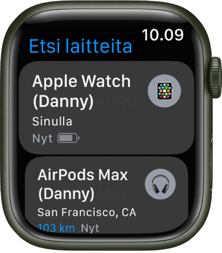 Etsi laitteita -apissa näkyy kaksi laitetta: Apple Watch ja AirPods-kuulokkeet.