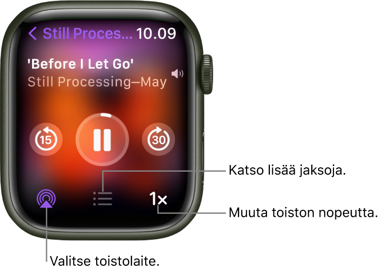 Podcastit-apin Toistossa nyt -näyttö, jossa on podcastin nimi, jakson nimi, päivämäärä, painike, jolla palataan 15 sekuntia taaksepäin, keskeytyspainike, painike, jolla siirrytään 30 sekuntia eteenpäin, AirPlay-painike, jaksopainike ja toistonopeuden painike.