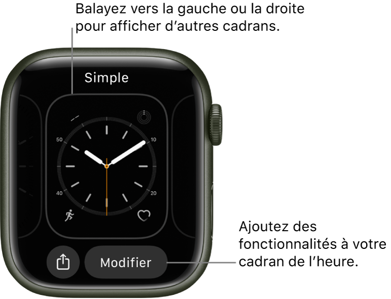 Lorsque vous touchez le cadran de la montre de façon prolongée, les boutons Partager et Modifier s’affichent à l’écran. Le nom du cadran se trouve en haut de l’écran. Balayez vers la gauche pour afficher d’autres options de cadrans. Touchez une complication pour ajouter les fonctionnalités de votre choix.