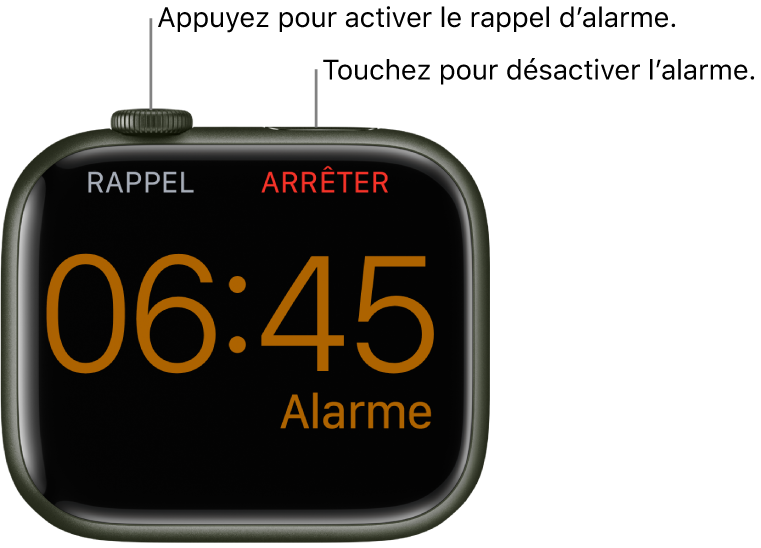 Apple Watch placée sur le côté dont l’écran affiche une alarme qui sonne. Le mot « Rappel » s’affiche sous la couronne Digital Crown. Le mot « Arrêter » s’affiche sous le bouton latéral.