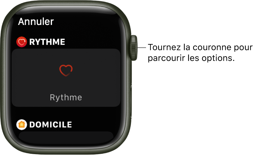 La fenêtre de personnalisation pour un cadran avec la complication « Rythme cardiaque » en évidence. Tournez la Digital Crown pour parcourir les complications.