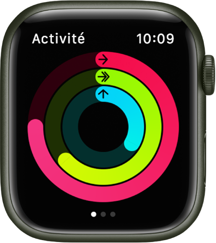 L’écran d’Activité qui affiche les trois anneaux : Bouger, M’entraîner et Me lever.