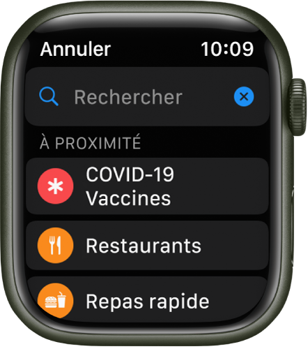 L’écran de recherche de l’app Plans qui montre le champ Rechercher près du haut. Sous À proximité se trouvent les boutons pour la vaccination COVID-19, les restaurants et la restauration rapide.