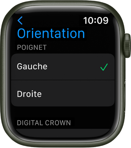 L’écran Orientation sur l’Apple Watch. Vous pouvez définir vos préférences relatives au poignet et à la couronne Digital Crown.