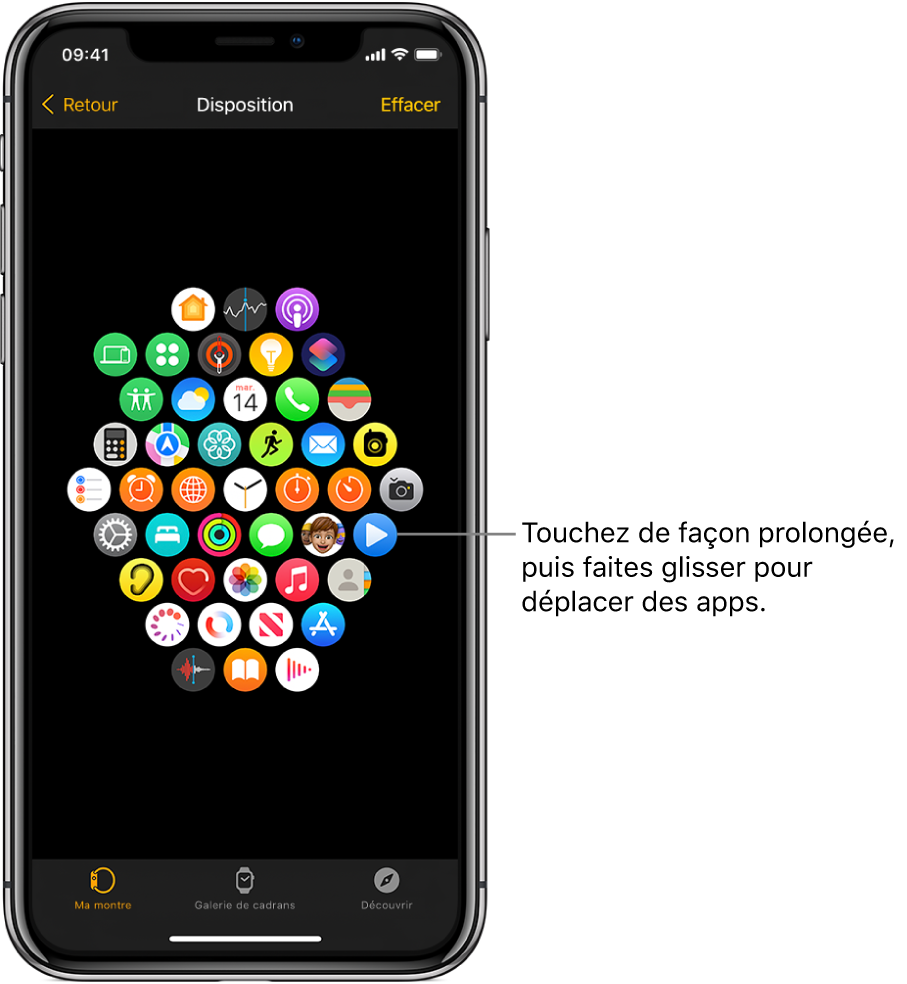 L’écran Disposition de l’Apple Watch qui montre une grille d’icônes.