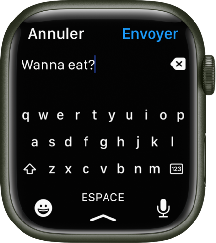 Un écran de saisie de texte qui affiche un clavier QWERTY. Du texte s’affiche en haut avec le bouton Supprimer à droite. Les boutons Émojis, Espace et Dictée se situent en bas de l’écran.