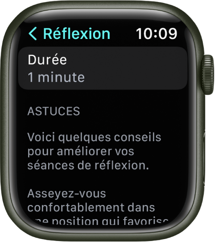 L’écran de l’app Pleine conscience affichant une durée d’une minute. Des conseils s’affichent en dessous pour alimenter la session de réflexion.