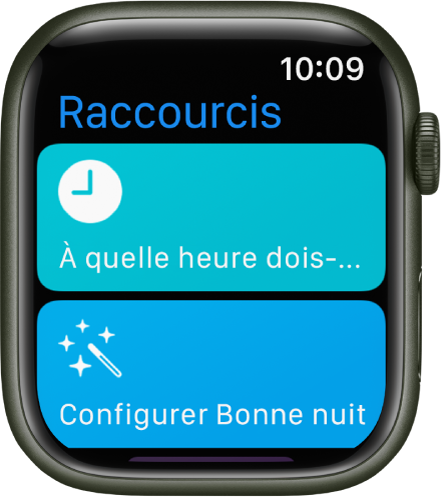 L’app Raccourcis sur l’Apple Watch affichant deux raccourcis : Quand dois-je partir et Préparation au coucher.