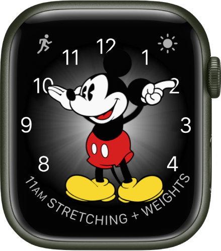 Cadran Mickey Mouse auquel vous pouvez ajouter de nombreuses complications. Il comporte trois complications : Exercice en haut à gauche, Conditions météo en haut à droite et Calendrier en bas.
