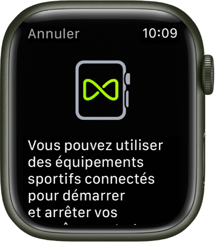 Un écran de jumelage qui s’affiche lorsque vous jumelez votre Apple Watch avec un équipement sportif.