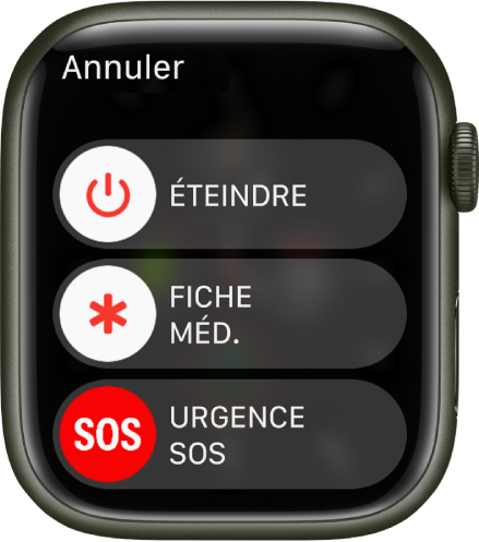 L’Apple Watch qui affiche trois curseurs : Éteindre, Fiche méd. et Urgence SOS. Faites glisser le curseur Éteindre pour éteindre l’Apple Watch.