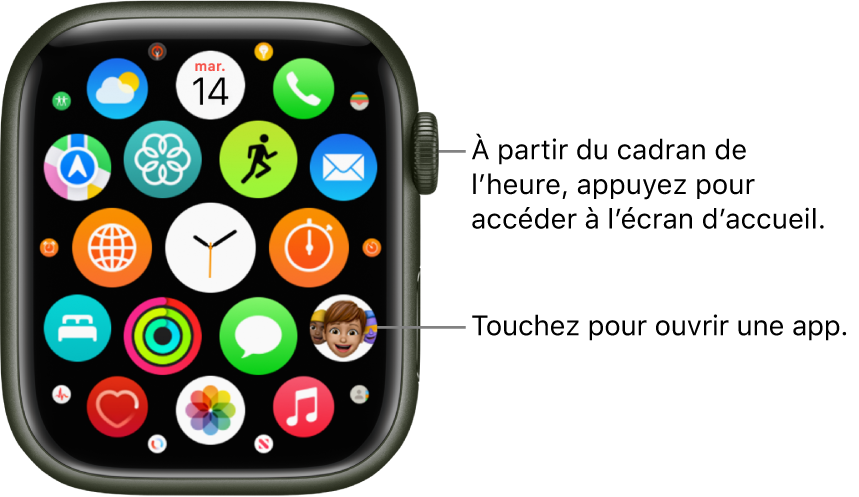 L’écran d’accueil de l’Apple Watch en présentation en grille, avec des apps en forme de grappe. Touchez une app pour l’ouvrir. Balayez l’écran pour afficher davantage d’apps.