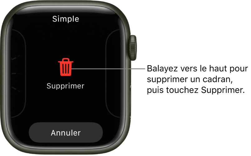 L’écran de l’Apple Watch qui affiche les boutons Supprimer et Annuler qui apparaissent après avoir balayé un cadran vers le haut.