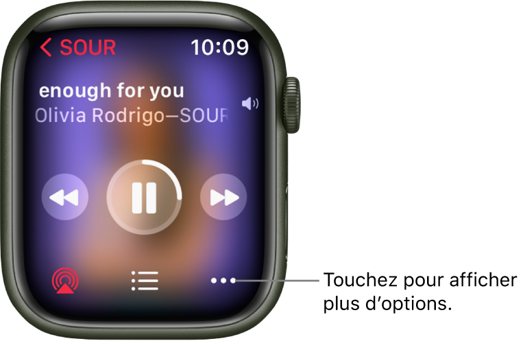 L’écran À l’écoute dans l’app Musique. Le nom de l’album se trouve en haut à gauche. Le titre de la chanson et le nom de l’artiste s’affichent en haut, les commandes de lecture au centre, et les boutons AirPlay, Liste des pistes et Options en bas.