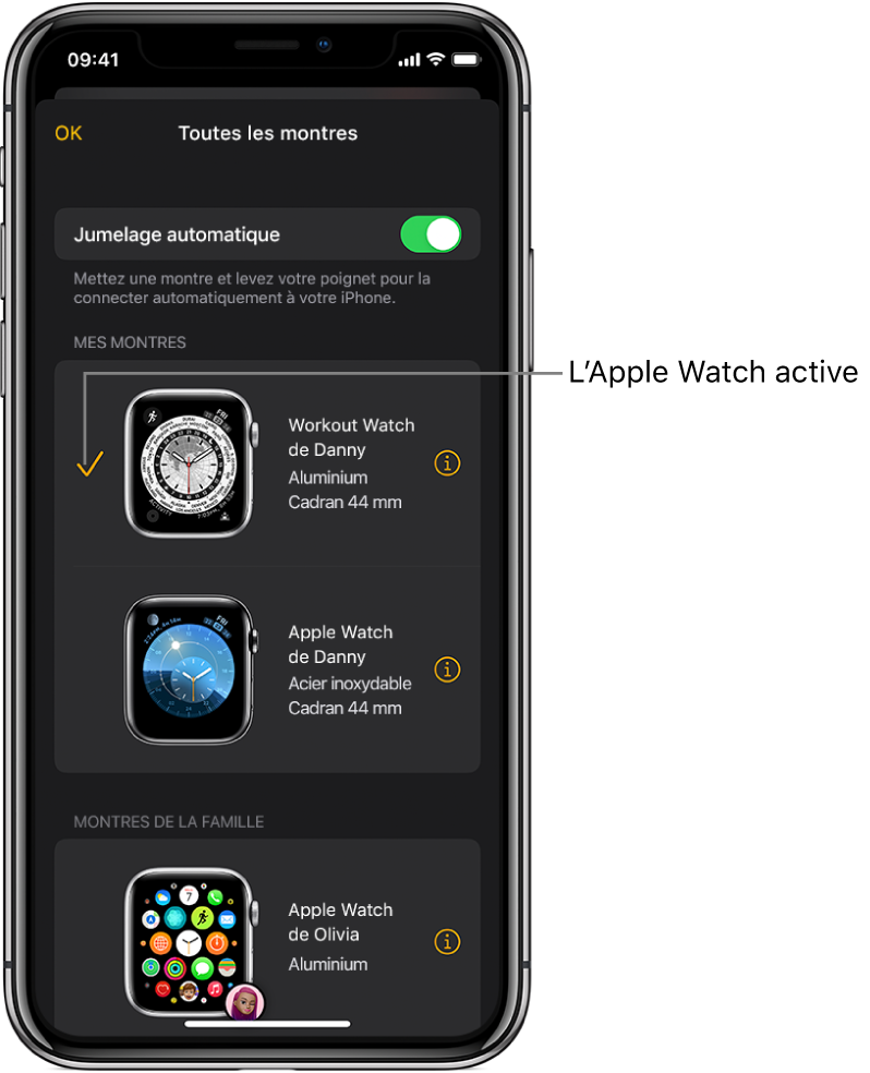 Sur l’écran Toutes les montres de l’app Watch, une coche montre l’Apple Watch active.