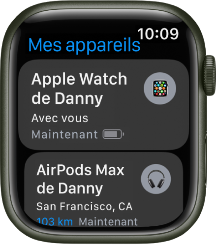 L’app Mes Appareils affichant deux appareils : une Apple Watch et une paire d’AirPods.
