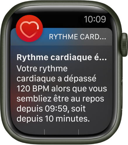 L’écran Alerte de Rythme cardiaque qui indique la détection d’un rythme cardiaque élevé.