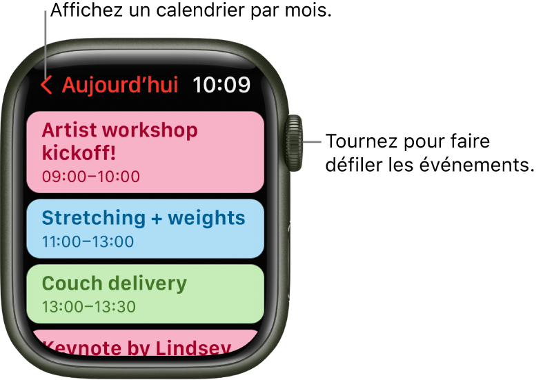 L’écran de Calendrier qui affiche une liste des événements du jour.