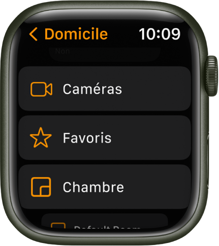 L’app Domicile affichant une liste qui contient des boutons pour les caméras, les favoris et les pièces.