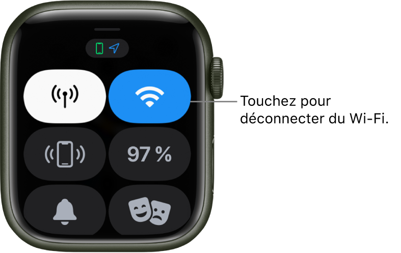 Le centre de contrôle sur l’Apple Watch (GPS + Cellular) avec le bouton Wi-Fi en haut à droite. La légende indique « Toucher pour déconnecter le Wi-Fi ».