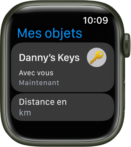 L’app Mes objets indiquant que l’AirTag attaché à vos clés est avec vous. Un bouton Distance en milles est affiché dessous.