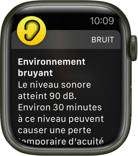 L’Apple Watch qui affiche une notification de Bruit. L’icône de l’app associée à la notification s’affiche dans le coin supérieur gauche. Touchez-la pour ouvrir l’app.