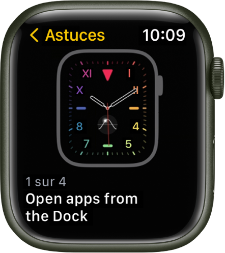 L’app Astuce affichant une astuce qui concerne l’Apple Watch.