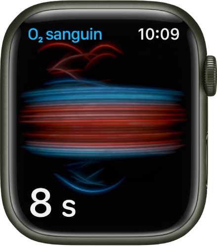 L’écran « Oxygène sanguin » prenant une mesure avec un compte à rebours partant de 8 secondes.