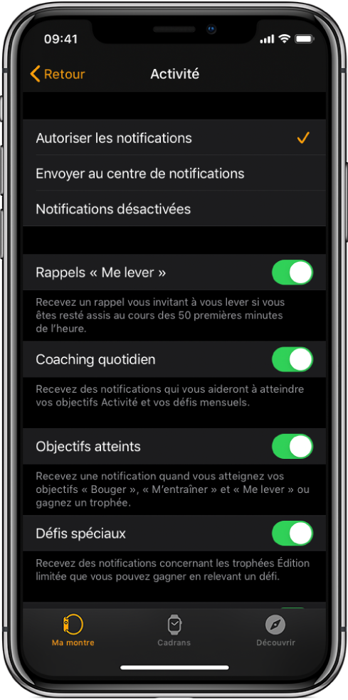 L’écran Activité de l’app Apple Watch, où vous pouvez personnaliser les notifications que vous souhaitez recevoir.