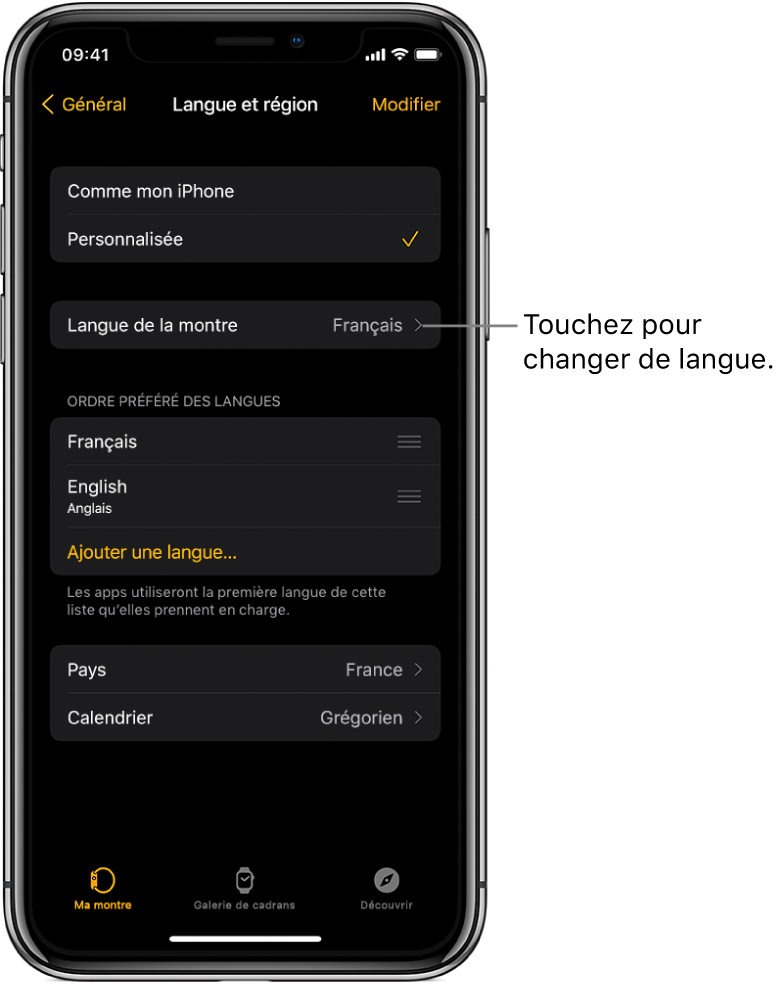 L’écran Langue et région de l’app Apple Watch, affichant le réglage Langue de la montre vers le haut de l’écran.