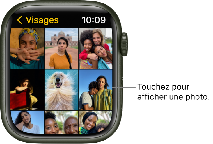 Écran principal de l’app Photos sur l’Apple Watch, avec plusieurs photos dans la grille.
