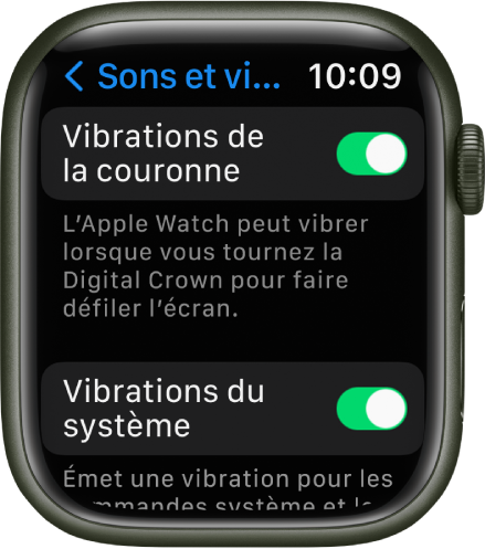 L’écran Vibrations de la couronne, avec le bouton Vibrations de la couronne en position « activé ». Le commutateur « Vibrations du système » figure en dessous.