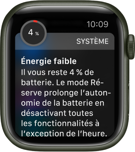 L’alerte batterie faible comprend un bouton que vous pouvez toucher pour activer le mode Réserve.